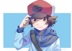  1boy blue_background blue_jacket brown_eyes brown_hair closed_mouth commentary_request hand_on_headwear hand_up hat high_collar hilbert_(pokemon) jacket long_sleeves male_focus pokemon pokemon_black_and_white short_hair solo strap upper_body yukinoko2200 zipper_pull_tab 