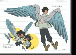  2boys absurdres aged_down animal_ears arctic bag bird bird_boy black_eyes black_hair black_socks blue_pants blush brown_shoes chibi chibi_inset chinese_text crescent_print false_memory feather_hair feathered_wings flying from_behind grey_jacket guan_chao_(false_memory) guan_chao_(teenager)_(false_memory) hair_between_eyes hair_down handheld_game_console he_mingshuo high_collar high_tops highres holding holding_handheld_game_console holding_stick jacket looking_at_another looking_back magpie male_focus medium_hair mouse_boy mouse_ears mouse_tail multiple_boys open_clothes open_jacket pants pants_rolled_up print_jacket school_bag shirt shoelaces shoes simple_background sleeves_rolled_up sneakers socks spiky_hair stick sword_print tail track_jacket translation_request white_shirt white_shoes wing_print wings 