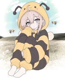  1girl 2others ahoge animal_costume arthropod_girl bee bee_costume bee_girl blush bug cheyanne_(girls'_frontline_2) commentary english_commentary eternalsoulrape field girls'_frontline_2:_exilium girls_frontline grey_hair hand_on_own_cheek hand_on_own_face highres hood kigurumi looking_at_viewer m200_(girls'_frontline) multiple_others outdoors pajamas short_hair sitting socks violet_eyes 
