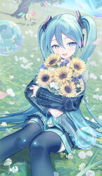  1girl :d absurdres black_skirt black_sleeves black_thighhighs blue_eyes blue_flower blue_hair blush bouquet clover clover_(flower) commentary_request day detached_sleeves dot_nose dutch_angle falling_petals feet_out_of_frame field floating flower four-leaf_clover gentiana_(flower) grass hair_between_eyes hair_ornament hatsune_miku headset highres holding holding_bouquet horizon hugging_object knees_together_feet_apart long_hair long_sleeves looking_at_viewer melt_(vocaloid) miniskirt open_mouth outdoors petals piano_keys pleated_skirt raised_eyebrows revision shadow sidelocks skirt smile solo song_request sunflower teeth thigh-highs tree twintails unknown_mother_goose_(vocaloid) upper_teeth_only very_long_hair vocaloid vs0mr white_flower yellow_flower 