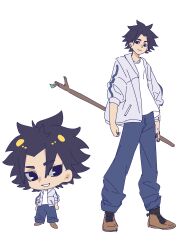  1boy absurdres black_eyes black_hair black_socks blue_pants brown_shoes chibi chibi_inset chinese_commentary commentary_request false_memory full_body he_mingshuo high_tops highres holding holding_stick jacket male_focus open_clothes open_jacket pants pants_rolled_up shirt shoelaces shoes simple_background sleeves_rolled_up smile sneakers socks spiky_hair stick white_background white_shirt zhanglang_dawang 