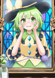  1girl black_hat blush bottle bow buttons collared_shirt commentary_request daia_(daia9132) diamond_button disembodied_linked_eye eyeball flower frilled_shirt_collar frilled_sleeves frills green_eyes green_hair green_skirt hands_on_own_cheeks hands_on_own_face hat hat_bow heart heart_of_string highres komeiji_koishi long_sleeves looking_at_mirror looking_at_viewer mirror open_mouth reflection reflection_focus shirt skirt solo sweatdrop touhou white_flower wide_sleeves yellow_bow yellow_shirt 