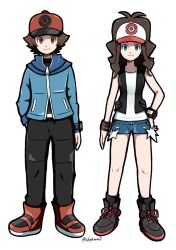  1boy 1girl black_boots black_pants black_socks black_vest blue_eyes blue_jacket blue_shorts boots brown_hair closed_mouth commentary_request exposed_pocket hat highres hilbert_(pokemon) hilda_(pokemon) jacket knees long_hair open_clothes open_vest pants pokemon pokemon_black_and_white red_boots shirt short_shorts shorts sidelocks sleeveless sleeveless_shirt smile socks standing vest white_hat white_shirt zakku_(zkpkmn0) 