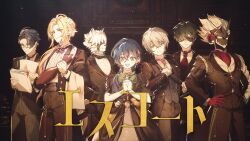  1girl 6+boys ahoge alternate_costume animal_ears bangboo_(zenless_zone_zero) belle_(zenless_zone_zero) billy_kid black_bow black_bowtie black_dress black_pantyhose black_vest blonde_hair blue_hair bow bowtie brother_and_sister clothed_robot collared_vest commentary_request crossed_bangs damian_blackwood dress furry furry_male glasses green_bow green_eyes grey_hair hair_over_eyes hands_on_own_hips highres htbjca3l hugo_vlad humanoid_robot interlocked_fingers lighter lighter_(zenless_zone_zero) mole mole_under_eye multiple_boys necktie one_eye_closed pantyhose pointy_ears red_eyes red_necktie robot robot_boy siblings spiky_hair vest von_lycaon white_fur white_hair wise_(zenless_zone_zero) wolf_boy wolf_ears zenless_zone_zero 