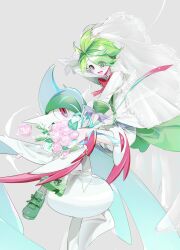  2boys arm_blade bouquet bow cape colored_skin flower gallade green_eyes green_hair green_shoes grey_background highres holding holding_bouquet mega_gallade mega_pokemon multiple_boys open_mouth pink_flower pink_rose pokemon pokemon_(creature) pokemon_masters_ex pokemon_omega_ruby_and_alpha_sapphire red_bow red_eyes rose shoes shorts simple_background smile sok_(mr14_c) wally_(pokemon) wally_(sygna_suit)_(pokemon) weapon white_cape white_shorts white_skin 