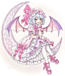  1girl bat_wings blue_hair bow bowtie commentary_request embellished_costume flower frilled_wrist_cuffs frills hat hat_flower hat_ribbon high_heels looking_at_viewer medium_hair miy_001 mob_cap open_mouth pantyhose pink_bow pink_bowtie pink_flower pink_hat pink_rose pink_shirt pink_shoes pink_skirt pink_wrist_cuffs puffy_short_sleeves puffy_sleeves red_eyes remilia_scarlet ribbon rose shirt shoes short_sleeves skirt skirt_bow sleeve_bow smile solo touhou white_pantyhose wings wrist_cuffs 