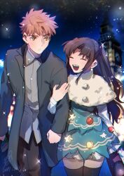  1boy 1girl bag black_jacket black_thighhighs brown_hair brown_pants clock clock_tower closed_eyes commentary_request couple dated emiya_shirou fate/stay_night fate_(series) grabbing_another's_arm grey_shirt hetero holding holding_bag jacket momoka_(abc_momoka0718) night open_mouth orange_hair pants parted_bangs shirt star_(sky) star_(symbol) teeth thigh-highs tohsaka_rin tower upper_teeth_only walking yellow_eyes 