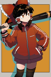  1girl alternate_costume baseball_bat black_thighhighs bollzzalguy border bow brown_eyes brown_hair closed_mouth commentary contemporary frilled_bow frilled_hair_tubes frills grey_border hair_bow hair_tubes hakurei_reimu hand_in_pocket highres holding holding_baseball_bat jacket long_hair long_sleeves outside_border ponytail red_bow red_jacket skindentation solo thigh-highs touhou yellow_background zipper 