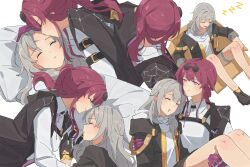  2girls absurdres black_gloves black_jacket box cardboard_box carrying closed_eyes closed_mouth commentary commission english_commentary eyewear_on_head fafayu gloves grey_hair hand_on_another's_head highres honkai:_star_rail honkai_(series) in_box in_container jacket kafka_(honkai:_star_rail) kiss kissing_forehead multiple_girls princess_carry purple_gloves purple_hair second-party_source shirt simple_background sleeping smile stelle_(honkai:_star_rail) sunglasses trailblazer_(honkai:_star_rail) violet_eyes white_background white_shirt yuri zzz 
