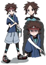  ... 1boy anger_vein bag blue_jacket bright_pupils brown_hair closed_mouth commentary_request highres holding_strap jacket male_focus multiple_views nate_(pokemon) open_mouth pokemon pokemon_black_2_and_white_2 shoes short_hair shoulder_bag smile sneakers spoken_ellipsis standing white_background white_bag white_pupils zakku_(zkpkmn0) zipper_pull_tab 