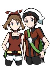  1boy 1girl bag beanie bike_shorts bike_shorts_under_shorts black_pants bow_hairband bracelet brendan_(pokemon) brown_hair closed_mouth collarbone cropped_legs eyelashes green_bag grey_eyes hairband hat highres jewelry looking_at_viewer may_(pokemon) pants pokemon pokemon_omega_ruby_and_alpha_sapphire red_hairband red_shirt shirt short_hair shorts sleeveless sleeveless_shirt smile white_hat white_shorts zakku_(zkpkmn0) zipper_pull_tab 
