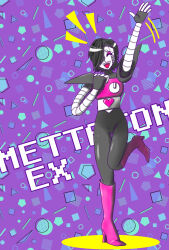  1boy 2022 2d abstract_background android arm_up black_hair boots closed_eyes colored_shadow concon_g_55 digital_media full_body gloves hair_over_one_eye hand_on_own_chest high_heel_boots humanoid humanoid_robot male male_focus male_only mettaton mettaton_ex motion_lines notice_lines pauldrons pink_boots purple_background robot robot_boy short_hair solo standing standing_on_one_leg undertale utdr_(toby_fox) white_gloves 