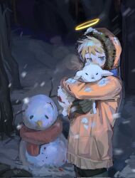  1boy animal baby_animal blonde_hair blood blue_eyes commentary forest fur-trimmed_hood fur_trim gloves halo highres holding holding_animal hood hood_up jacket kenny_mccormick lamb luguizi188284 male_focus nature orange_jacket scarf sheep short_hair snow snowing snowman solo south_park untranslatable_commentary 