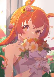  1girl absurdres animal_ears bare_shoulders bead_bracelet beads blurry blush bouquet bracelet breasts bride bush carrot choker closed_mouth collarbone commentary depth_of_field dress ear_flower falling_petals flower gloves hair_flower hair_ornament highres holding holding_bouquet horse_ears horse_girl jewelry kousaki_(yeuk7427) long_hair looking_at_viewer mayano_top_gun_(sunlight_bouquet)_(umamusume) mayano_top_gun_(umamusume) official_alternate_costume orange_eyes orange_flower orange_hair orange_rose outdoors pearl_hair_ornament petals pink_flower pink_petals pink_rose rose rose_bush sleeveless sleeveless_dress small_breasts smile solo strapless strapless_dress sun_glare umamusume upper_body wedding_dress white_choker white_dress white_gloves yellow_flower 