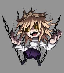  1girl absurdres arcueid_brunestud arms_at_sides black_pantyhose black_sclera black_shoes blonde_hair breasts chain chibi chibi_only colored_sclera evil_smile fingernails glowing glowing_eyes grey_background high_heels highres higureroom long_skirt looking_at_viewer melty_blood messy_hair mystic_eyes_of_enchantment pale_skin pantyhose purple_skirt red_arcueid shaded_face sharp_fingernails sharp_teeth shoes short_hair sidelocks skirt smile solo sweater teeth tsukihime turtleneck turtleneck_sweater vampire white_sweater yellow_eyes 