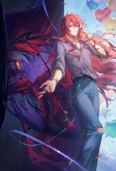  1boy argenti_(honkai:_star_rail) balloon belt black_belt bracelet denim feet_out_of_frame flower glowing glowing_eyes green_eyes grin heart_balloon helen_zzhao highres honkai:_star_rail honkai_(series) jeans jewelry long_hair looking_at_viewer open_collar pants purple_shirt red_hair rose shirt sky smile solo torn_clothes torn_jeans torn_pants yellow_eyes 