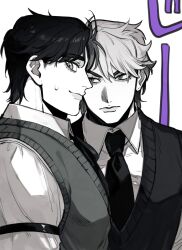  2boys absurdres arm_garter c4vknggjci51182 closed_mouth collared_shirt commentary_request dio_brando ear_birthmark greyscale highres jojo_no_kimyou_na_bouken jonathan_joestar looking_at_another looking_at_viewer male_focus monochrome multiple_boys necktie nervous_smile nervous_sweating phantom_blood shirt short_hair smile spot_color suit sweat sweatdrop vest 