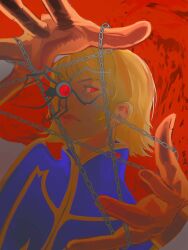  1boy abstract_background absurdres androgynous blonde_hair blue_tabard bug chain commentary crystal_earrings dayre disembodied_eye earrings hand_chains hand_focus highres hunter_x_hunter jewelry kurapika male_focus portrait red_background red_eyes spider tabard 