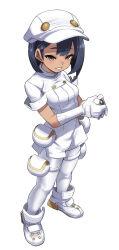  1girl aether_foundation_employee aether_foundation_uniform black_hair brown_eyes commentary_request dress fu-ta full_body gloves hat highres holding holding_poke_ball looking_at_viewer panties poke_ball poke_ball_(basic) pokemon pokemon_sun_and_moon shoes short_hair simple_background smile solo standing underwear white_background white_dress white_gloves white_hat white_panties white_shoes 