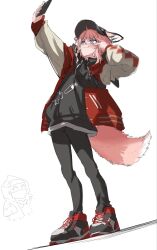  animal_ears arknights baseball_cap black_hat black_hoodie black_pantyhose black_shirt black_shoes blue_eyes commentary_request doctor_(arknights) doodle_inset dutch_angle ears_through_headwear fox_ears fox_girl fox_tail full_body hat highres hood hood_down hoodie jacket long_hair long_sleeves mattun_8230 nervous_smile open_clothes open_jacket pantyhose pink_hair raglan_sleeves red_jacket selfie shirt shoes simple_background smile sneakers solo sussurro_(arknights) sussurro_(travel_freely)_(arknights) tail v v_over_eye white_background 
