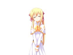  1girl ^_^ blonde_hair bow bowtie capelet character_profile closed_eyes covered_navel dress game_asset hair_ribbon jet_yowatari kisaragi_shizuka non-web_source ponytail ribbon school_uniform self-datamine skin_tight smile solo tadashii_kozukuri_wo_shiranu_miraijin_no_rondo transparent_background v_arms white_capelet white_dress yellow_bow yellow_bowtie 