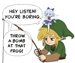  1boy 1girl barefoot blonde_hair blue_bow blue_eyes blue_hair bow cirno commentary crossover english_commentary english_text fishing fishing_rod green_hat green_tunic hair_bow hat highres holding holding_fishing_rod ice ice_wings jitome link mini_person neck_ribbon pointy_ears puffy_short_sleeves puffy_sleeves red_ribbon ribbon short_hair short_sleeves simple_background sitting sitting_on_head sitting_on_person speech_bubble the_legend_of_zelda the_legend_of_zelda:_ocarina_of_time touhou tunic white_background wings xinumizu 
