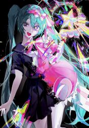  1girl black_background bow bow_hairband bowtie commentary_request cowboy_shot dress gloves hair_bow hairband hatsune_miku highres holding holding_staff ima_sugu_rinne_(vocaloid) long_hair looking_to_the_side mage_staff magical_girl neckerchief pantyhose pink_bow pink_bowtie pink_dress pink_hairband pleated_skirt puffy_sleeves purple_sailor_collar purple_shirt purple_skirt sailor_collar shirt short_sleeves simple_background single_leg_pantyhose siuroi skirt solo staff star-shaped_pupils star_(symbol) star_wand symbol-shaped_pupils twintails two-tone_bow very_long_hair violet_eyes vocaloid white_gloves white_neckerchief white_pantyhose 