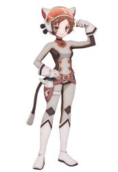  1girl animal_ears belt boots brown_eyes brown_hair closed_mouth fake_animal_ears fake_tail gloves gun helmet highres magical_girl mahou_shoujo_ikusei_keikaku mahou_shoujo_ikusei_keikaku_restart official_art second-party_source short_hair smile solo spacesuit tail transparent_background weapon yumenoshima_genopsycho 