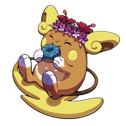  alolan_raichu closed_eyes commentary discount-supervillain doughnut eating english_commentary flower food full_body holding holding_donut holding_food no_humans pokemon pokemon_(creature) pokemon_focus pokemon_sun_and_moon smile solo tail transparent_background 