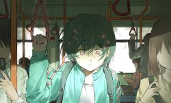  absurdres aqua_track_suit brown_hair bus commentary_request gloom_(expression) highres iyowa_girls jacket jeonjobul korean_commentary kyu-kurarin_(cevio) motor_vehicle pink_eyes shirt standing t-shirt track_jacket track_suit 