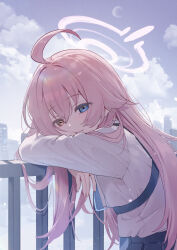  1girl absurdres against_railing ahoge arm_rest black_skirt blue_archive blue_eyes blue_necktie blue_sky cheek_squash chest_harness city cityscape clouds collared_shirt commentary_request crescent_moon elvn from_side hair_between_eyes hair_flaps halo harness head_on_arm heterochromia highres hoshino_(blue_archive) long_hair looking_at_viewer looking_to_the_side moon necktie orange_eyes outdoors pink_hair pink_halo plaid_clothes plaid_skirt railing shirt skirt sky solo upper_body very_long_hair white_shirt 