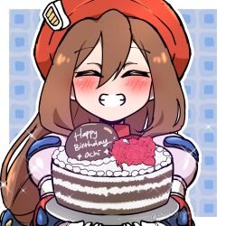  1girl absurdres artist_name blush border brown_hair cake commentary english_commentary english_text facing_viewer food gift_art hair_between_eyes happy_birthday hat highres holding holding_cake holding_food iris_(mega_man) long_hair mega_man_(series) mega_man_x_(series) outside_border pupuypuyu red_hat solo teeth twitter_username upper_body white_border 