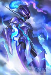  armor blade_arm blue_fire bright_pupils ceruledge commentary_request eye_trail fiery_hair fire helmet light_trail looking_at_viewer nanami_lusia no_humans pokemon pokemon_(creature) pokemon_focus purple_armor purple_fire purple_helmet solo violet_eyes white_pupils 