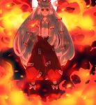  ai_mizu bow emi fire fujiwara_no_mokou hair_bow hair_ribbon hand_in_pocket long_hair moon outstretched_arm outstretched_hand pants red_eyes ribbon shoes silver_hair suspenders touhou white_devil 