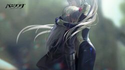  2girls absurdres alpha_(pgr) bodysuit covered_eyes fake_horns grey_hair hair_over_eyes hairband highres horn_hairband horns hug long_hair luna_(npc)_(pgr) luna_(pgr) multiple_girls official_art punishing:_gray_raven screaming second-party_source smile white_hair 