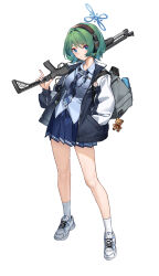  1girl absurdres arnold-s backpack bag bare_legs blue_archive blue_eyes blue_halo blue_necktie blue_shirt blue_skirt chinese_commentary closed_mouth commentary_request full_body green_halo gun halo hand_in_pocket headphones highres holding holding_weapon inside_pocket jacket necktie object_in_pocket original plaid_clothes plaid_necktie pleated_skirt pocket shirt shoes short_hair shotgun simple_background skirt socks solo standing weapon weapon_request white_background white_shoes white_socks 