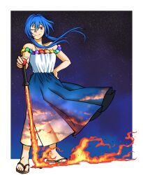  1girl absurdres blue_dress blue_hair bread_master commentary dress english_commentary flip-flops full_body highres hinanawi_tenshi long_hair one_eye_closed peach_hat_ornament planted planted_sword red_eyes sandals short_hair_with_long_locks sky sky_print solo standing star_(sky) starry_sky sword sword_of_hisou touhou two-tone_dress variant_set weapon white_dress 