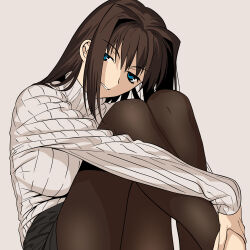  1girl aji_n aozaki_aoko black_skirt blue_eyes breasts brown_hair brown_pantyhose commentary_request feet_out_of_frame grey_background hair_intakes hugging_own_legs knees_up large_breasts legs long_hair long_sleeves looking_to_the_side mahou_tsukai_no_yoru pantyhose parted_bangs parted_lips sidelocks simple_background skirt smile solo sweater teeth turtleneck turtleneck_sweater white_sweater 