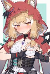  1girl ai-generated animal_ear_fluff animal_ears arknights arknights:_endfield blonde_hair blush cape commentary_request dress ears_through_headwear ears_through_hood fingerless_gloves gloves heart heart_hands highres hood hood_up hooded_cape hooded_jacket hoodie jacket looking_at_viewer nonooooo428 red_cape rossi_(arknights) simple_background solo white_dress wolf_ears wolf_girl yellow_eyes 
