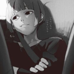  1girl blurry car_interior collarbone commentary depth_of_field ganbare_douki-chan greyscale highres jun_(navigavi) long_sleeves looking_outside looking_to_the_side lops monochrome no_pupils nose parted_lips seatbelt shadow shinjin-chan_(douki-chan) shirt short_hair sititng smirt solo sunlight translation_request upper_body 