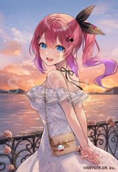 1girl aria_(ariacue) armor arms_behind_back bag bag_charm bare_shoulders blue_eyes blue_sky bow bracelet breasts character_charm charm_(object) clouds commentary company_name copyright_notice dress evening flower from_side gradient_hair hair_between_eyes hair_bow hair_ornament hair_ribbon hairclip japanese_armor jewelry kuramochi_meruto long_hair looking_at_viewer looking_back medium_breasts mountainous_horizon multicolored_hair nail_polish neck_ribbon nijisanji ocean off-shoulder_dress off_shoulder official_alternate_costume official_art open_mouth outdoors own_hands_together pink_hair polka_dot polka_dot_ribbon ponytail railing rene_(kuramochi_meruto) ribbon ring rose sample_watermark shoulder_bag sky smile solo star_(sky) starry_sky virtual_youtuber watermark white_dress 