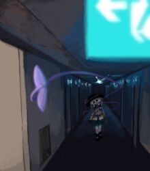  1girl attacking_viewer black_eyes black_hat bow buttons collared_shirt commentary_request diamond_button disembodied_linked_eye empty_eyes eyeball floral_print frilled_shirt_collar frilled_sleeves frills green_hair green_skirt hat hat_bow heripantomorrow horror_(theme) indoors komeiji_koishi long_sleeves looking_at_viewer open_mouth print_skirt rose_print shirt skirt smile solo touhou wide_sleeves yellow_bow yellow_shirt 