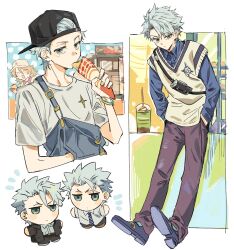  1boy backwards_hat baseball_cap bleach blue_overalls chibi coffee crepe crossbody_bag eating food frappuccino hat highres hitsugaya_toushirou looking_at_viewer overalls school_uniform sweater_vest toramaru_(696anna) 