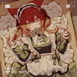  1girl animal_ear_fluff animal_ears apron black_bow black_bowtie black_dress black_ribbon blush bow bowtie box chinese_commentary clenched_hand commentary_request cross-shaped_pupils dated dress fox fox_ears fox_girl frilled_apron frilled_dress frilled_hairband frills hair_between_eyes hair_ornament hair_ribbon hairband hairclip hands_up highres in_box in_container juliet_sleeves long_sleeves looking_at_viewer lying maid maid_apron maid_day maid_headdress miyayoki mouth_hold on_back original puffy_sleeves red_hair ribbon sakura_soyoru_(miyayoki) short_twintails sidelocks solo symbol-shaped_pupils translation_request twintails upper_body viewfinder white_apron x_hair_ornament yellow_eyes 