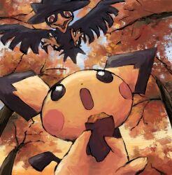  beak bird black_eyes bright_pupils crow flying food forest highres holding holding_food looking_up murkrow nature no_humans open_mouth panha pichu pokemon pokemon_(creature) pokemon_focus red_eyes tail talons tree white_pupils 