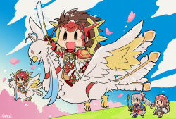  2boys 2girls armor blue_sky bow_(weapon) brown_hair commentary_request feather_trim fire_emblem fire_emblem_fates fire_emblem_heroes flyer_27 grey_hair high_ponytail highres hinoka_(blue_sky_warrior)_(fire_emblem) hinoka_(fire_emblem) holding holding_bow_(weapon) holding_sword holding_weapon japanese_armor multiple_boys multiple_girls official_alternate_costume open_mouth pink_hair ponytail puffy_pants red_armor red_hair ryoma_(fire_emblem) ryoma_(supreme_samurai)_(fire_emblem) sakura_(fire_emblem) samurai siblings sky sword takumi_(fire_emblem) weapon 