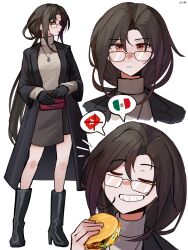  absurdres black_boots black_coat black_gloves boots brown_hair brown_skirt closed_eyes coat commentary food full_body gamryous girls_frontline glasses gloves grin hair_between_eyes high_heel_boots high_heels highres holding holding_food jewelry long_hair mexican_flag mondragon_m1908_(girls'_frontline) multiple_views necklace red_eyes simple_background skirt smile speech_bubble spoken_flag swiss_flag taco turtleneck very_long_hair white_background 