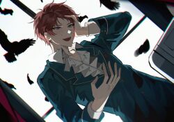  1boy absurdres bird buttons collared_shirt crow ensemble_stars! fingernails hand_on_own_head highres itsuki_shu julie55yt6 lapels layered_clothes layered_sleeves long_sleeves male_focus open_mouth pink_hair school_uniform shirt short_hair solo teeth upper_body violet_eyes wing_collar yumenosaki_school_uniform 