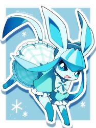  blue_background blue_eyes blue_fur blue_theme border bow clothed_pokemon commentary_request dress frills glaceon glaceon_(checkered) hamidashicat happy no_humans outside_border pokemon pokemon_(creature) pokemon_focus pokemon_unite smile solo twitter_username white_background white_border 
