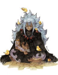  1boy 1girl abs acnologia barefoot bird closed_eyes commentary dark-skinned_male dark_skin facial_mark fairy_tail highres indian_style long_hair rusky sidelocks sitting solo twitter_username 